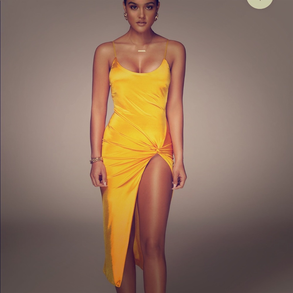 Yellow Satin high split dress JLUXLABEL